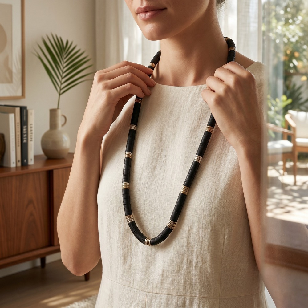 Vintage Black Heishi Bead Necklace Minimalist Boho Coastal Statement Jewelry